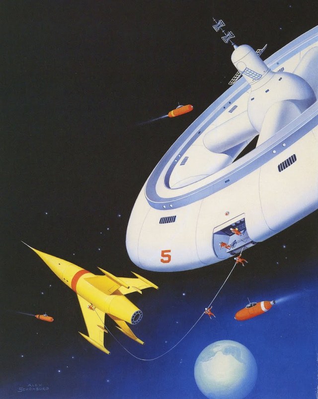 two rocket ships in space with a crew exiting one ship and boarding the other